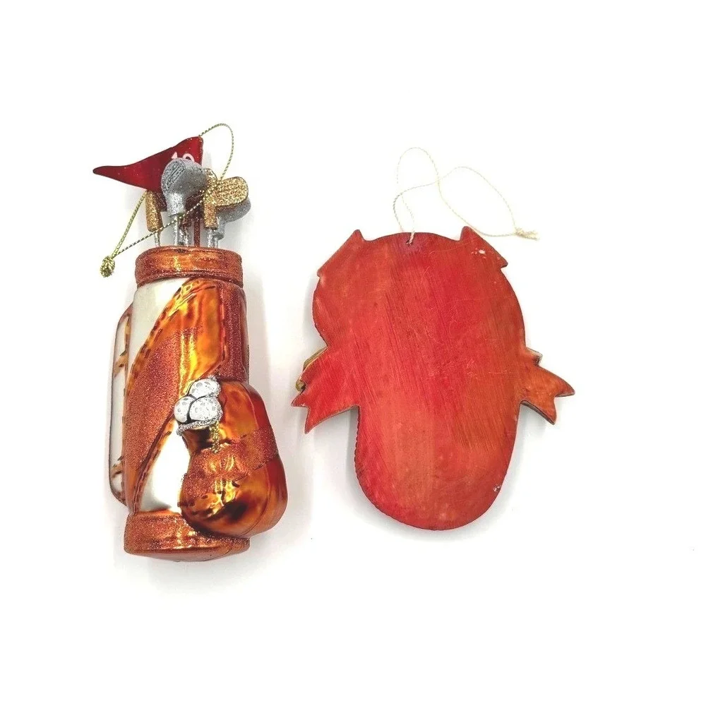 Golf‎ Bag Christmas Ornaments Set of 2 Orange Green Resin Glass